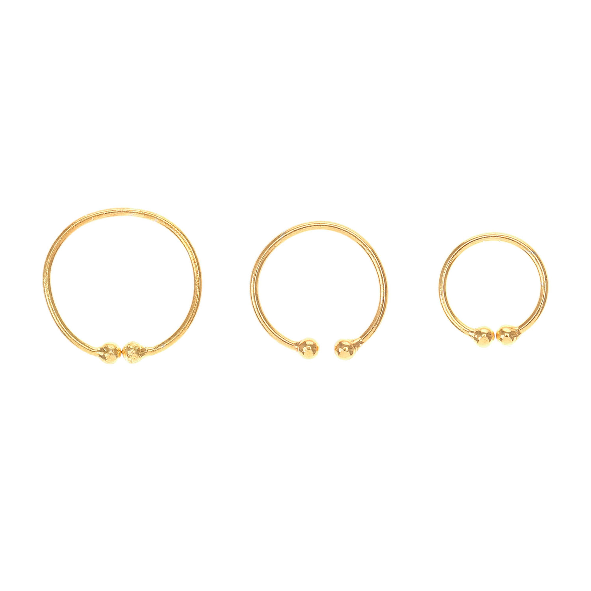 View Claires Tone Graduated Faux Hoop Nose Rings 3 Pack Gold information