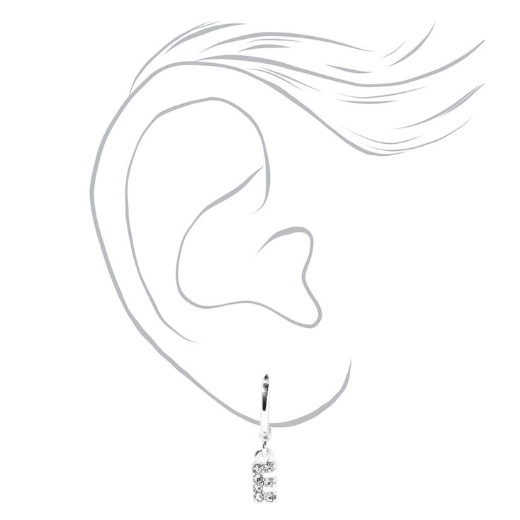 Silver Embellished Initial Huggie Hoop &amp; Stud Earrings - 3 Pack, E,