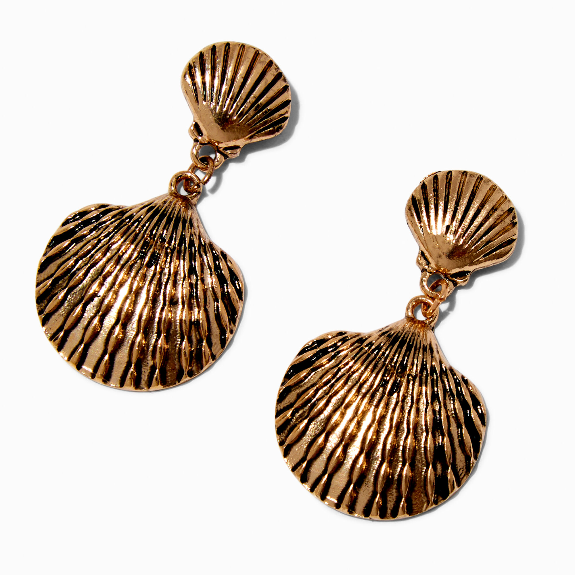 View Claires Burnished Tone Scallop Shell 1 Drop Earrings Gold information