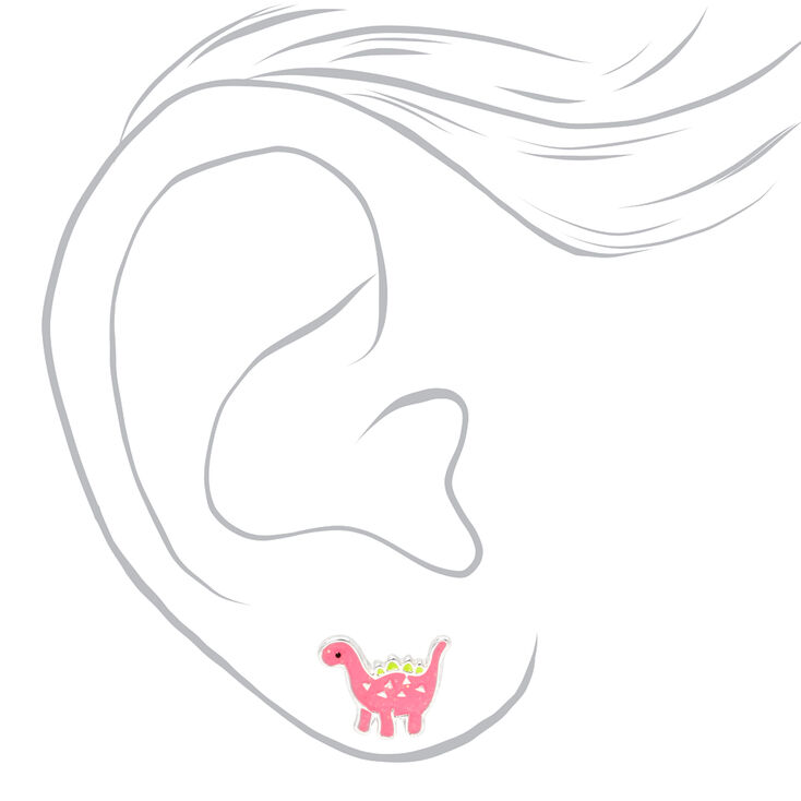 Silver Dinosaur Stud Earrings - Pink,