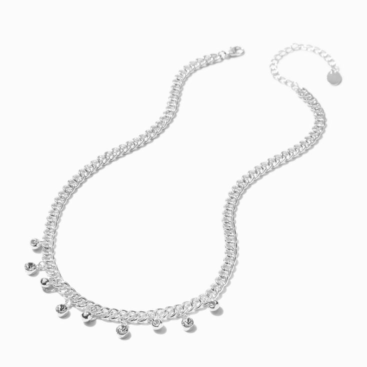 Silver-tone Bezel Crystal Drop Curb Chain Necklace ,