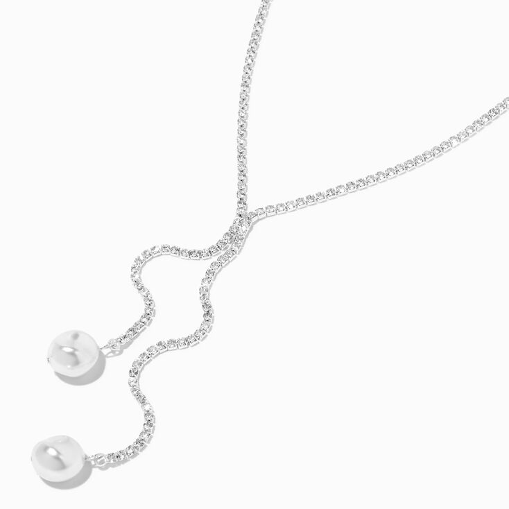 Silver-tone Rhinestone Y-Neck White Pearl Necklace,