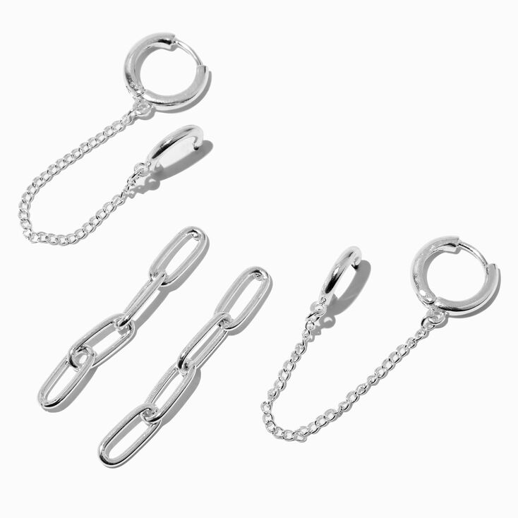 Silver-tone Paper Clip Chain Connector Earring Set - 3 Pack,