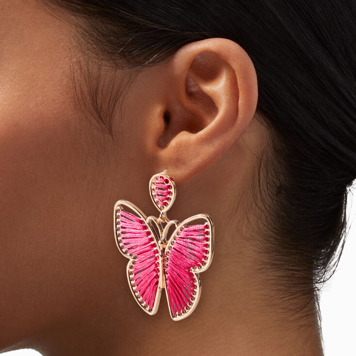 Pink Threader Butterfly 2&quot; Drop Earrings ,