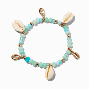 Bracelet &eacute;lastique perl&eacute; coquillages cauris couleur turquoise,