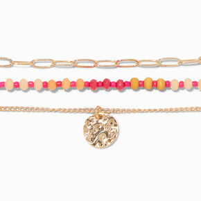 Pink &amp; Gold-tone Coin Chain Bracelet Set - 3 Pack,