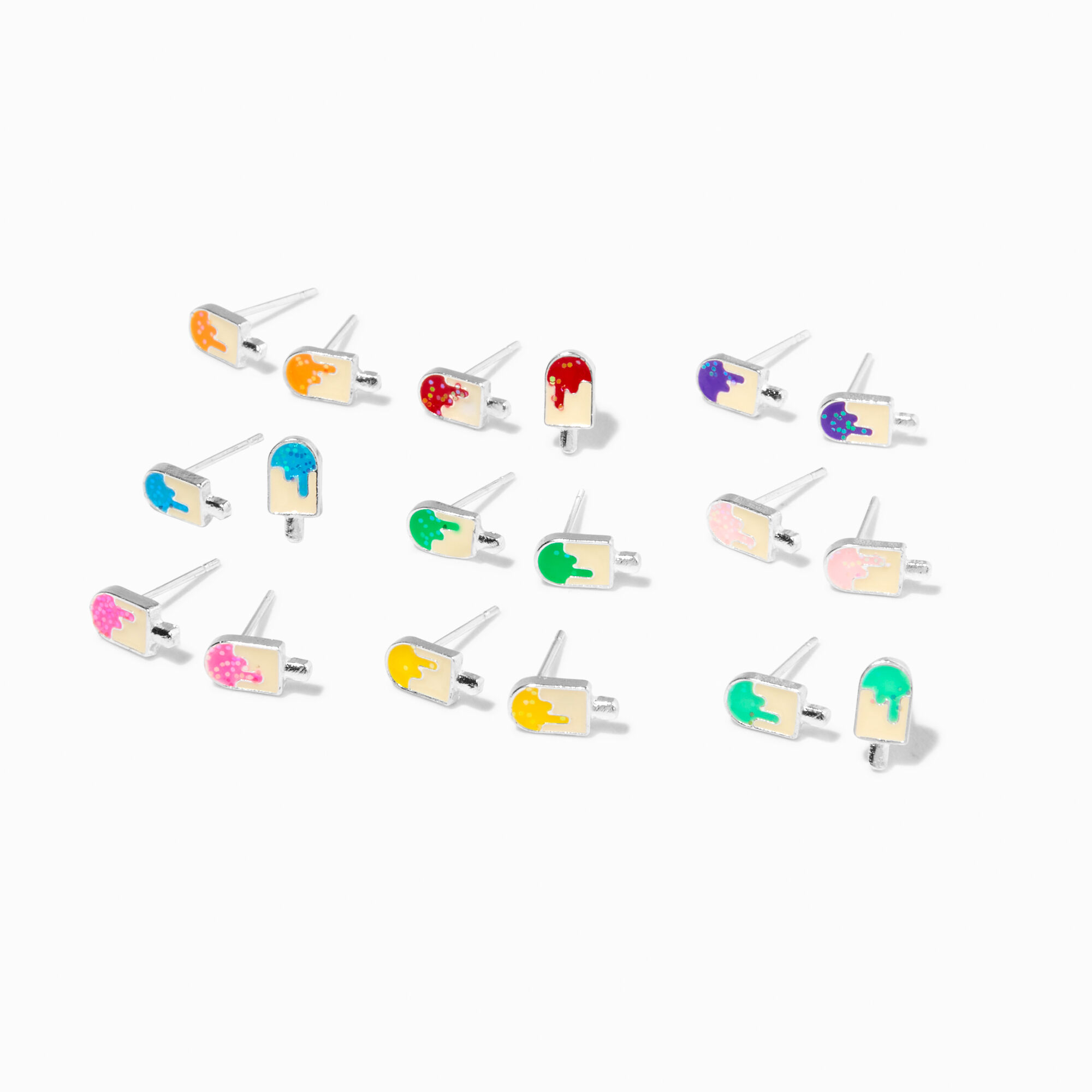 View Claires Rainbow Glitter Ice Pop Stud Earrings 9 Pack Silver information