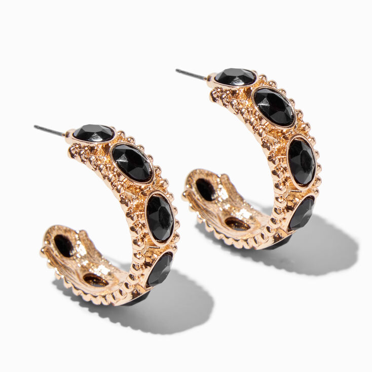 Gold-tone 30mm Chunky Oval Black Rhinestone Hoop Earrings,