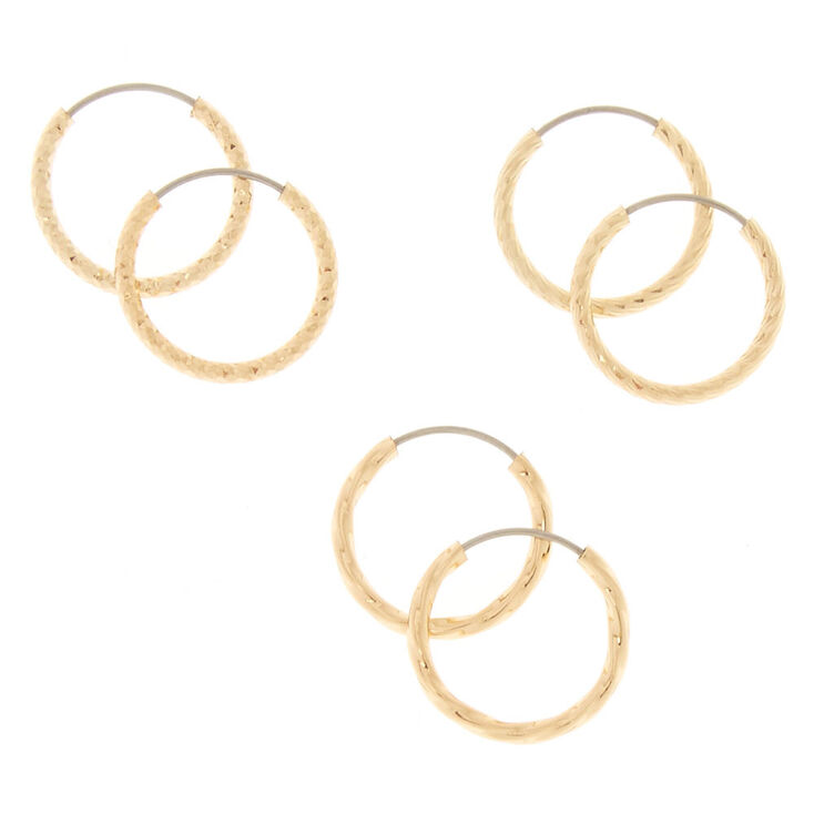 Gold 15MM Textured Hoop Earrings - 3 Pack,