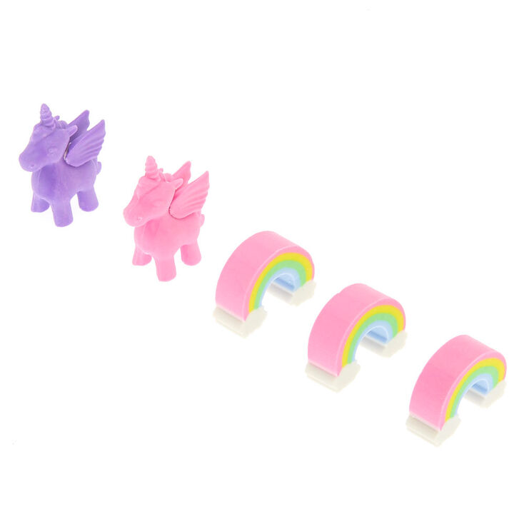 Lot de 5&nbsp;gommes licorne et arc-en-ciel,