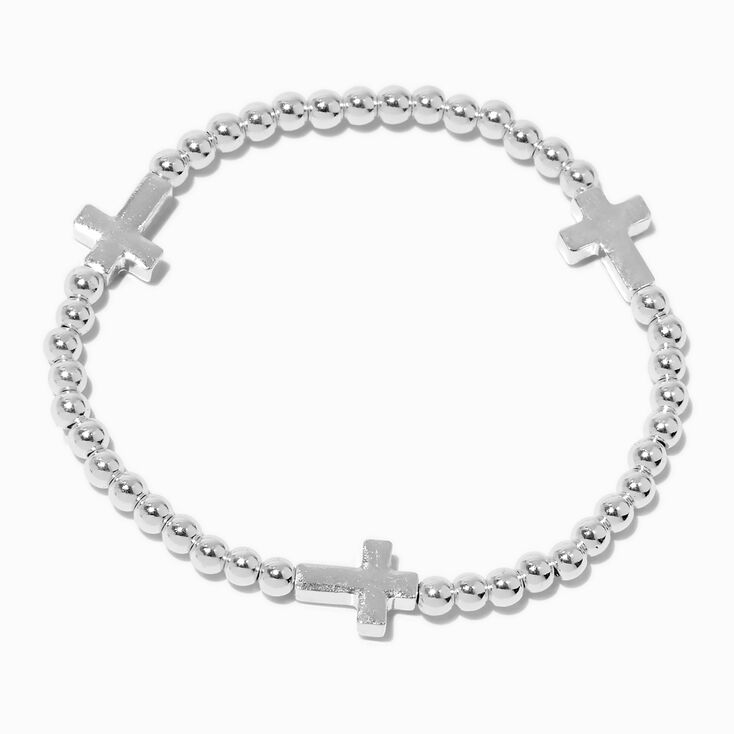 Silver-tone Cross Beaded Stretch Bracelet,