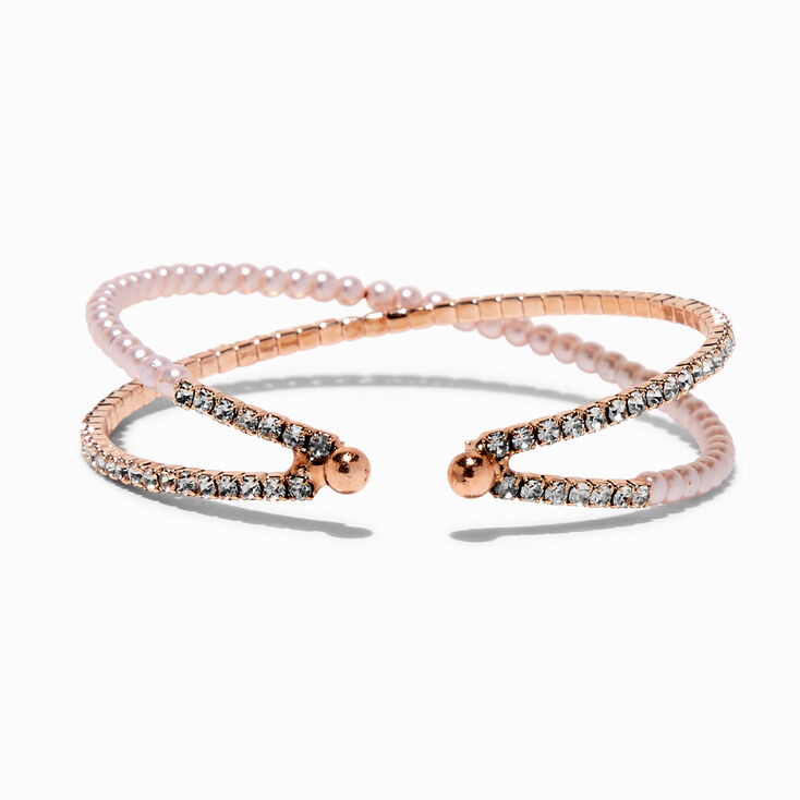 Rose Gold-tone Crystal Blush Pink Pearl Criss Cross Cuff Bracelet,