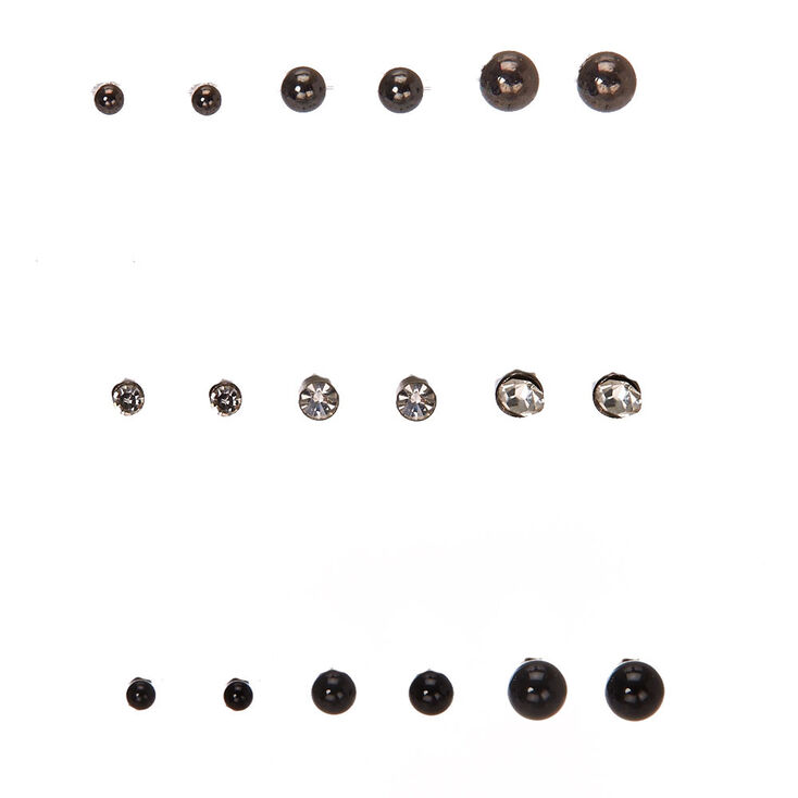 Hematite &amp; Black Tiny Ball Stud Earrings - 9 Pack,