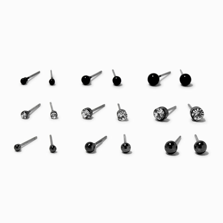 Hematite &amp; Black Tiny Ball Stud Earrings - 9 Pack,