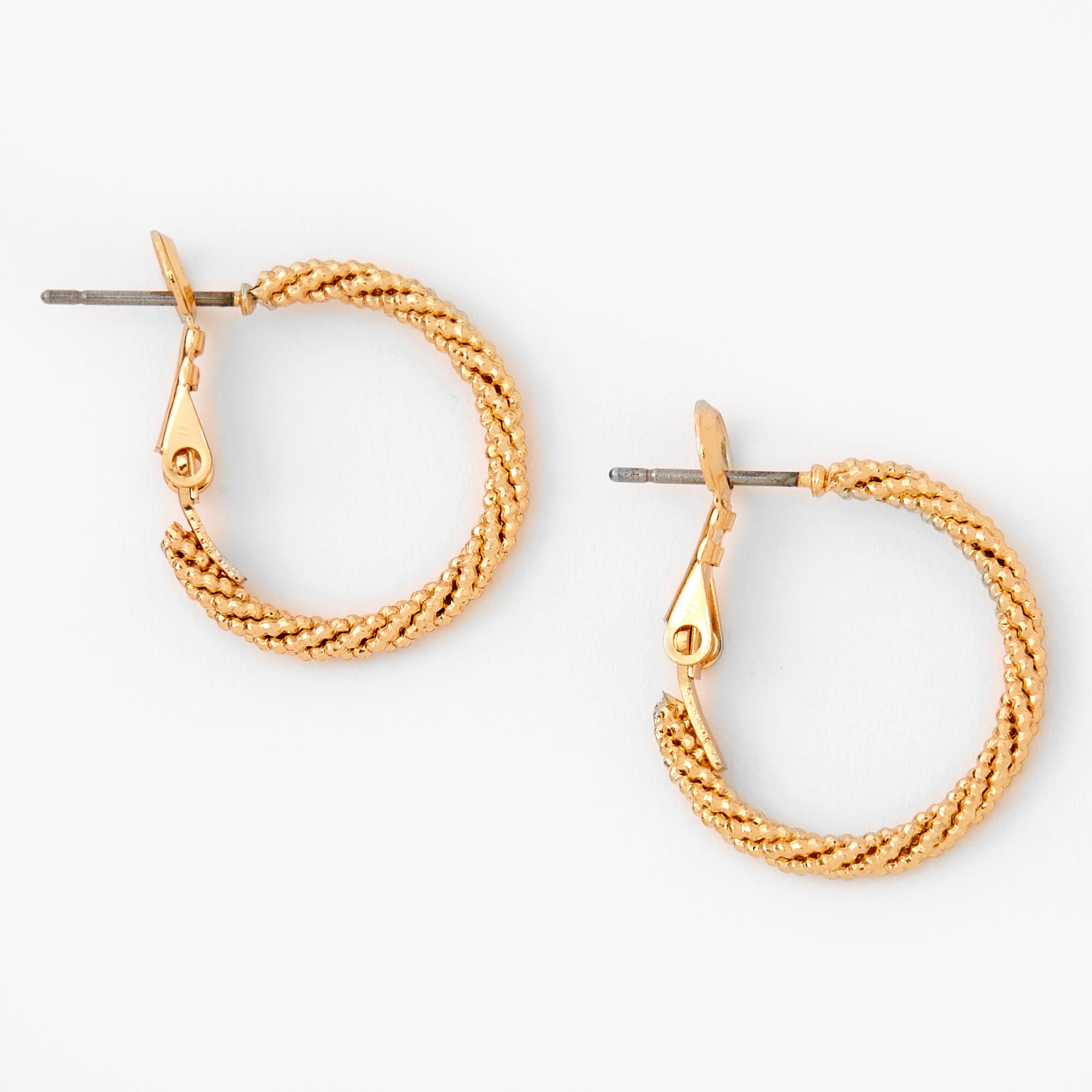 View Claires Tone 20MM Laser Cut Twisted Hoop Earrings Gold information