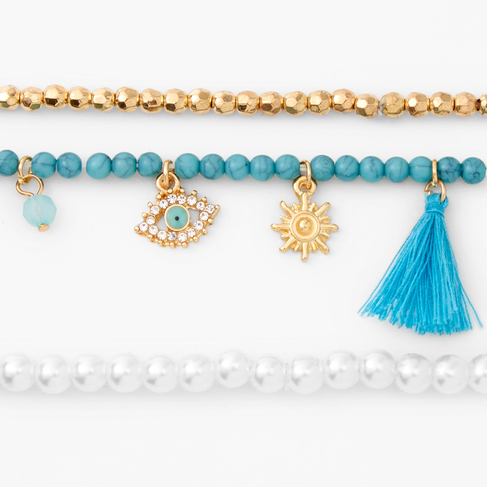 Evil Eye Tassel Pearl Beaded Stretch Bracelets - Blue, 3 Pack,