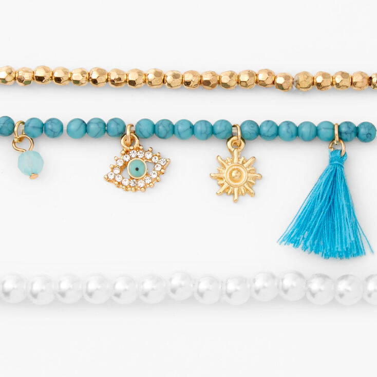 Evil Eye Tassel Pearl Beaded Stretch Bracelets - Blue, 3 Pack,
