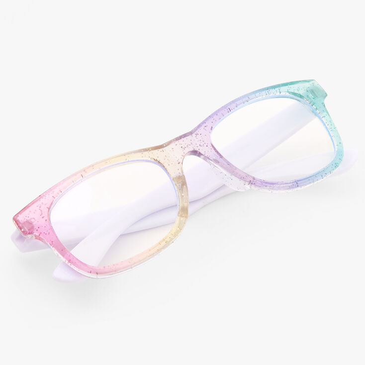 Claire&#39;s Club Solar Blue Light Reducing Retro Clear Lens Rainbow Glitter Frames,
