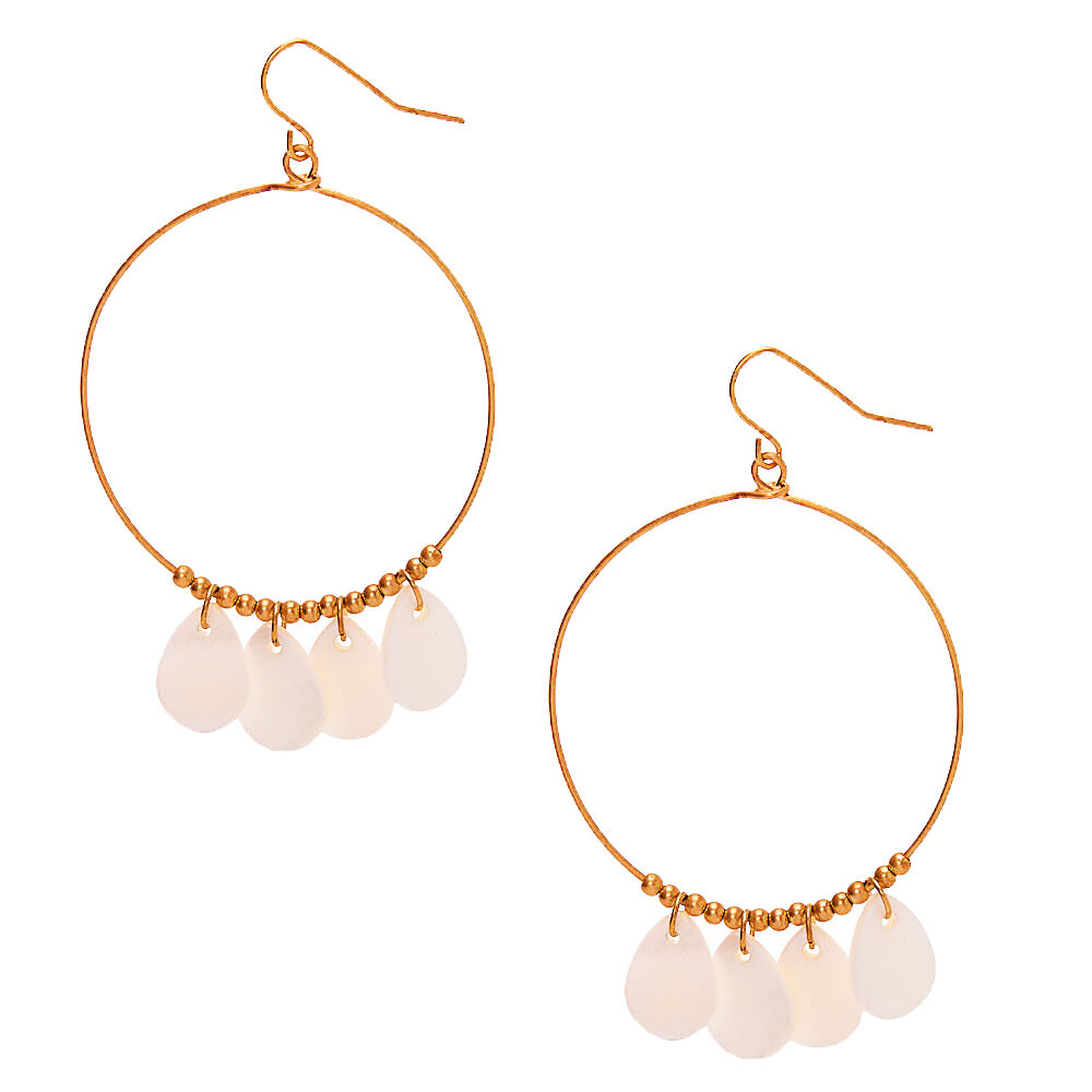 Gold 2" Teardrop Hoop Drop Earrings - White,