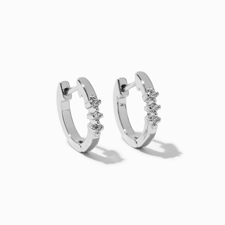 Silver-tone Cubic Zirconia Three-Stone 10mm Huggie Hoop Earrings,