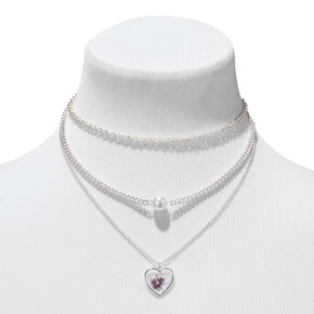 Collier multi-rangs couleur argent&eacute;e avec pendentif perle d&rsquo;imitation c&oelig;ur en r&eacute;sine violet,