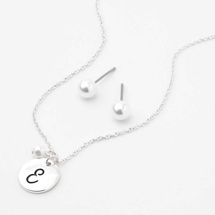 Silver Initial Pearl Jewellery Set - E, 2 Pack,