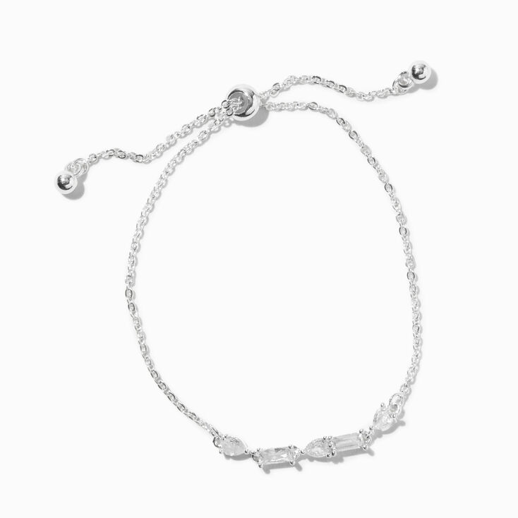 Silver-tone Cubic Zirconia Mixed Geometric Bolo Bracelet ,