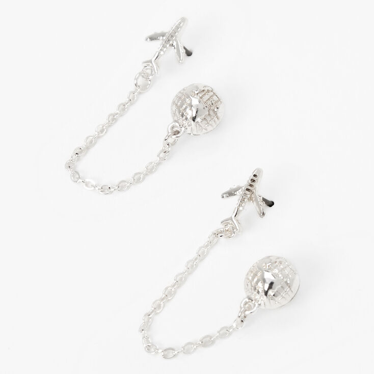 Silver Airplane Connector Chain Stud Earrings,