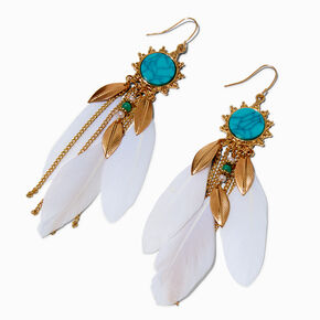 Turquoise &amp; White Feather Gold-tone 4&quot; Drop Earrings,