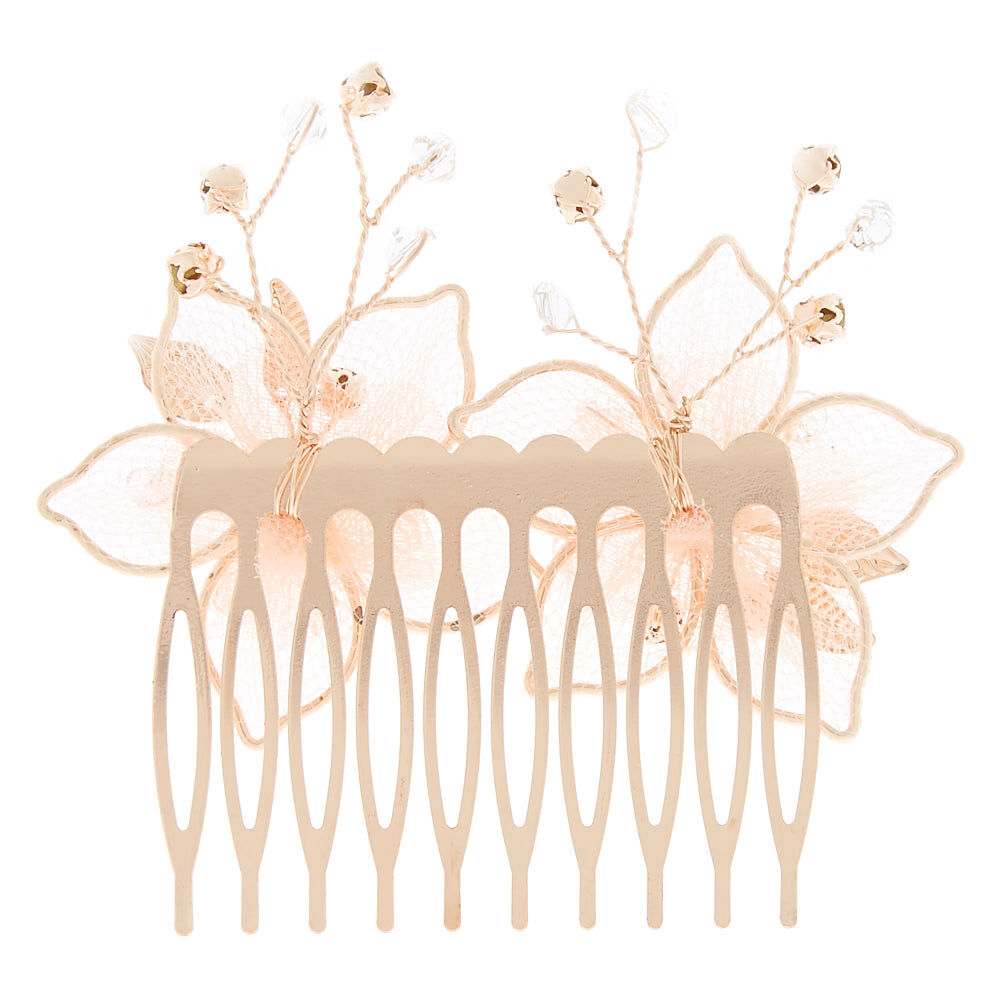 Rose Gold Organza Flower Hair Comb - Pink,