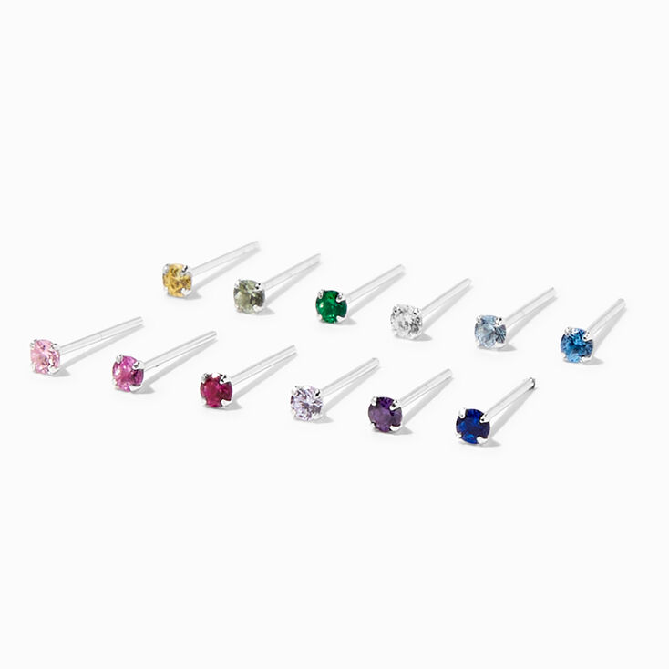 22G Sterling Silver Rainbow Crystal Nose Studs - 12 Pack,