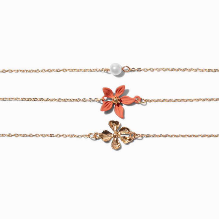Bracelets de cha&icirc;ne et manchette orange et couleur dor&eacute;e - Lot de 5,