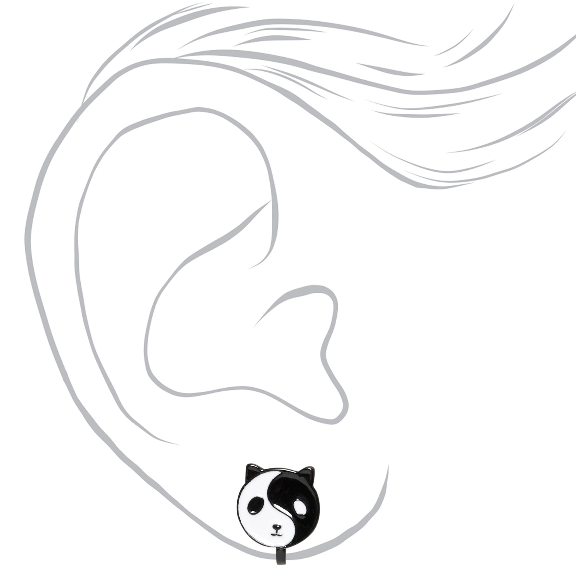 Clous d’oreilles à clip panda yin et yang noirs,