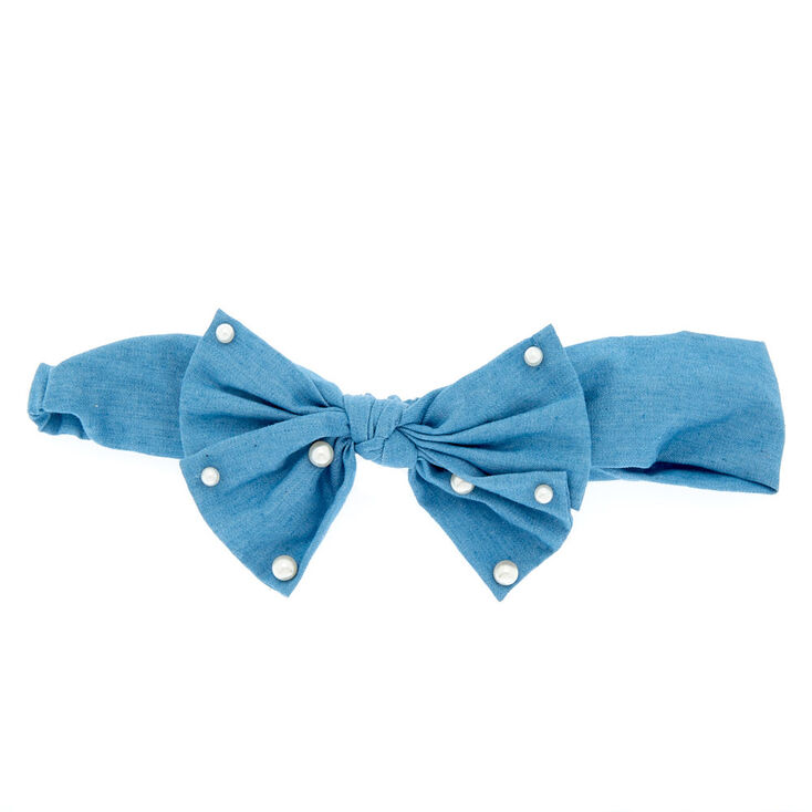 Denim Pearl Bow Headwrap,