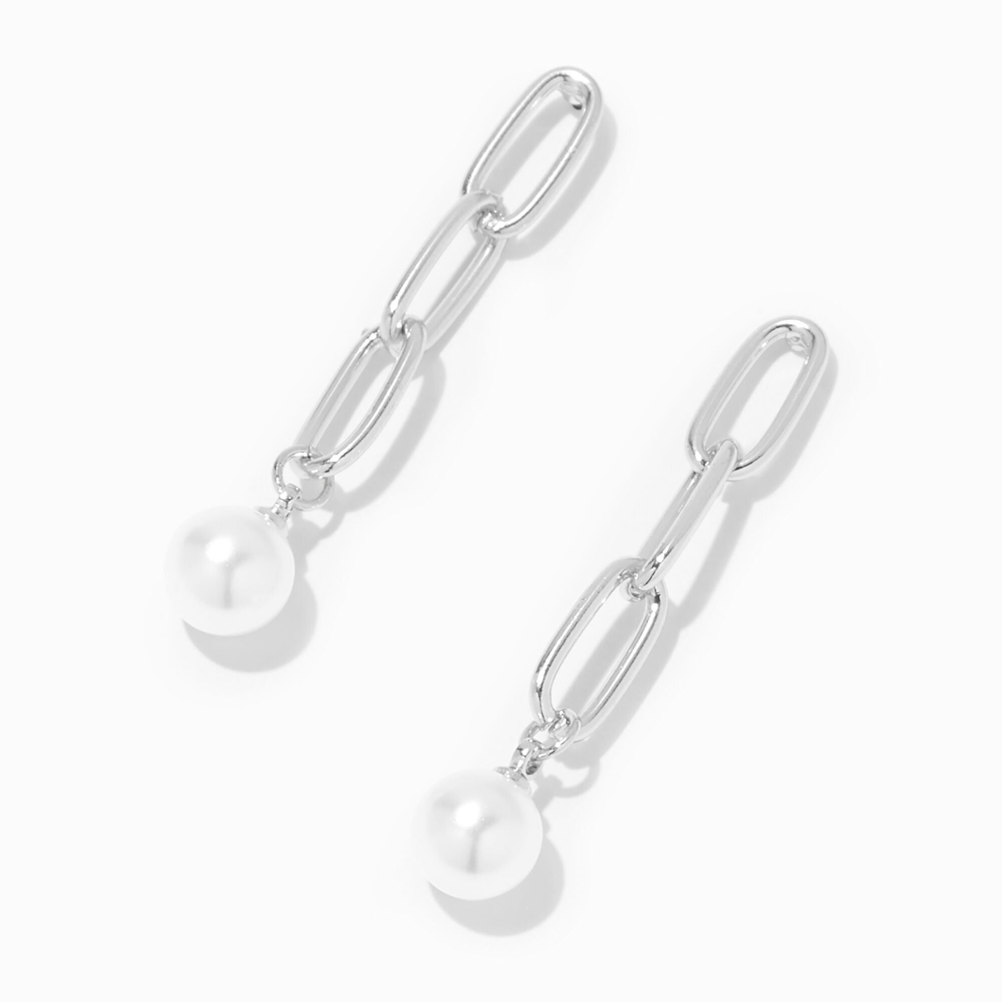 View Claires Pearl Tone Chain 2 Drop Earrings Silver information