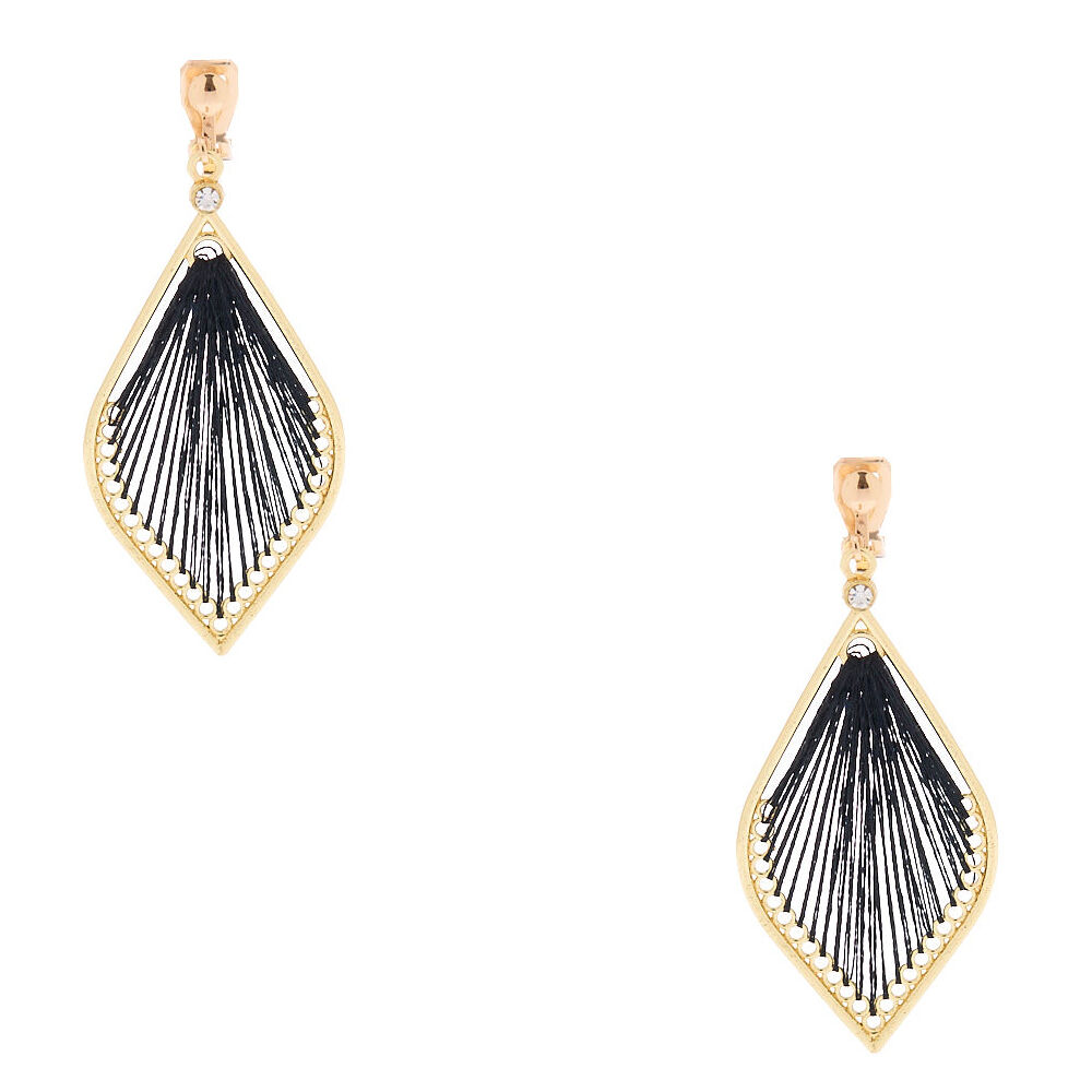 Gold-tone 2" Threaded Teardrop Clip-On Drop Earrings - Black,