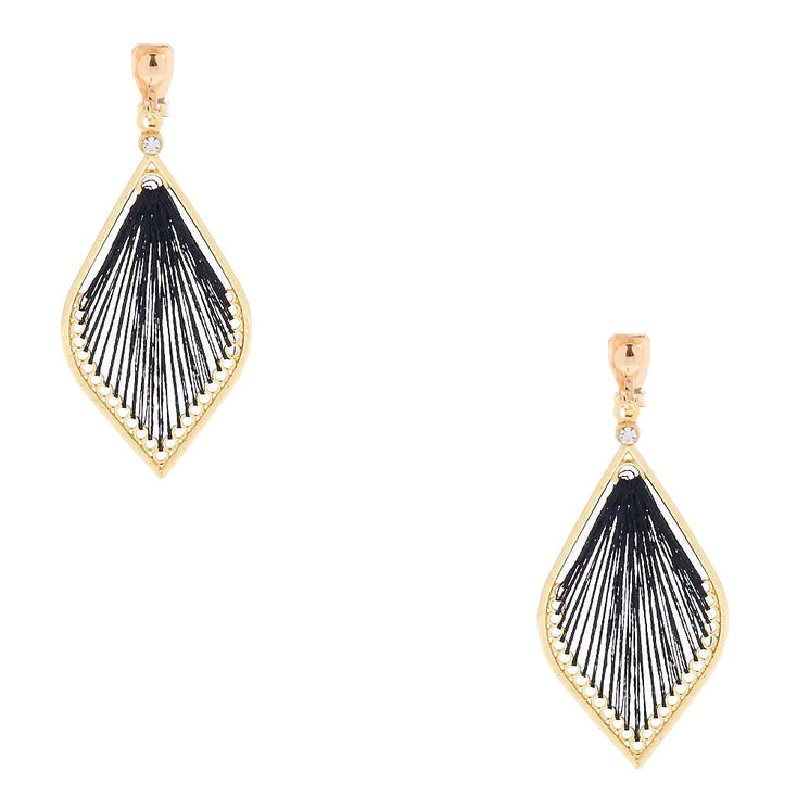 Gold-tone 2&quot; Threaded Teardrop Clip-On Drop Earrings - Black,