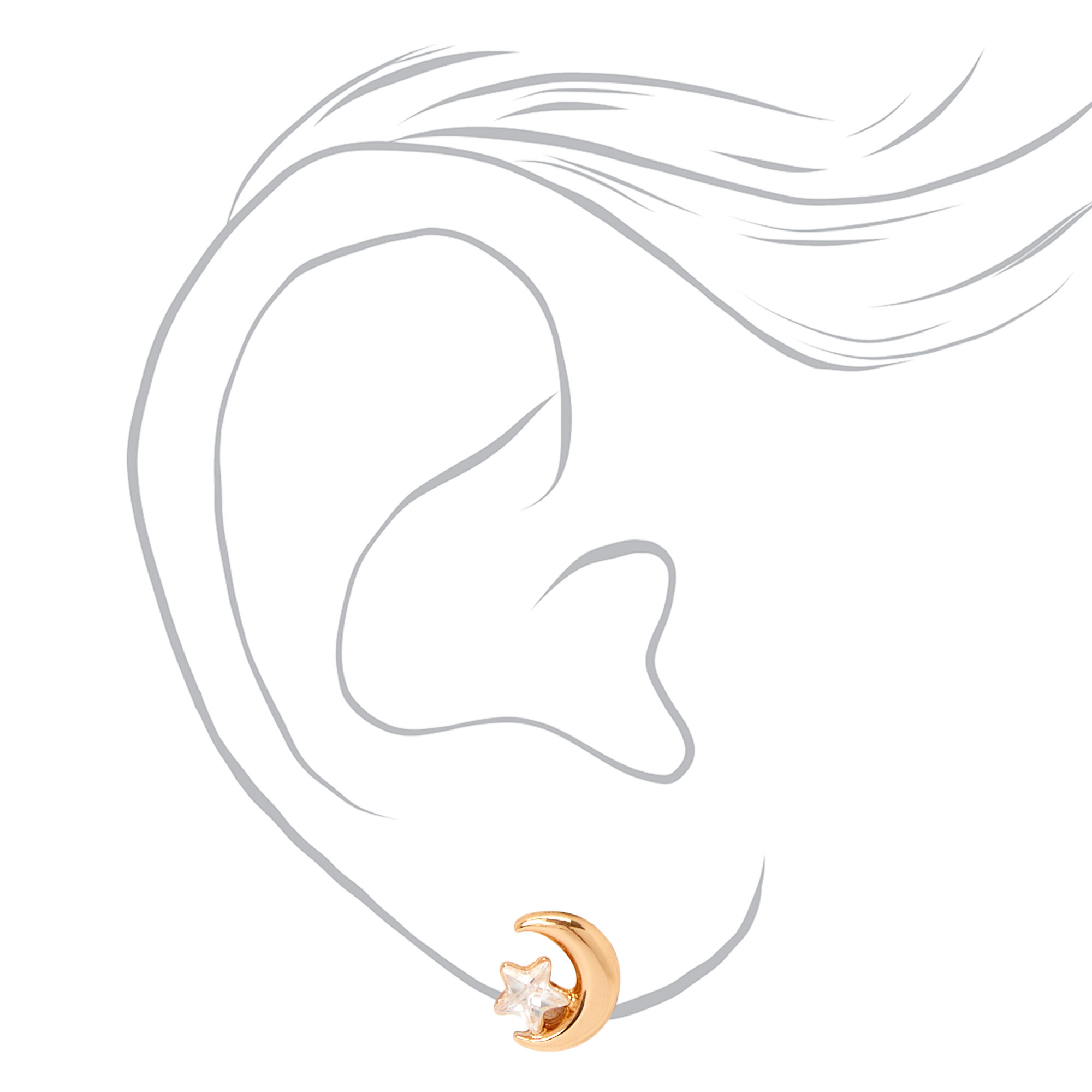 Gold Crescent Moon Star Stud Earrings,