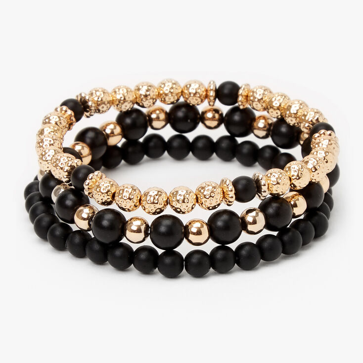 Bracelets &eacute;lastiques perl&eacute;s mats noirs et couleur dor&eacute;e - Lot de 3,