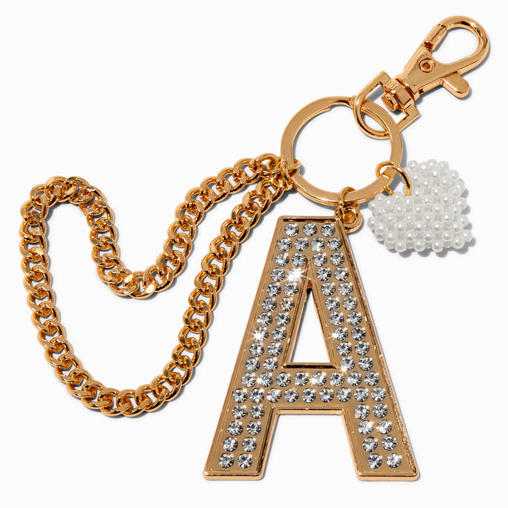 Gold-tone Bedazzled Initial Keychain - A,