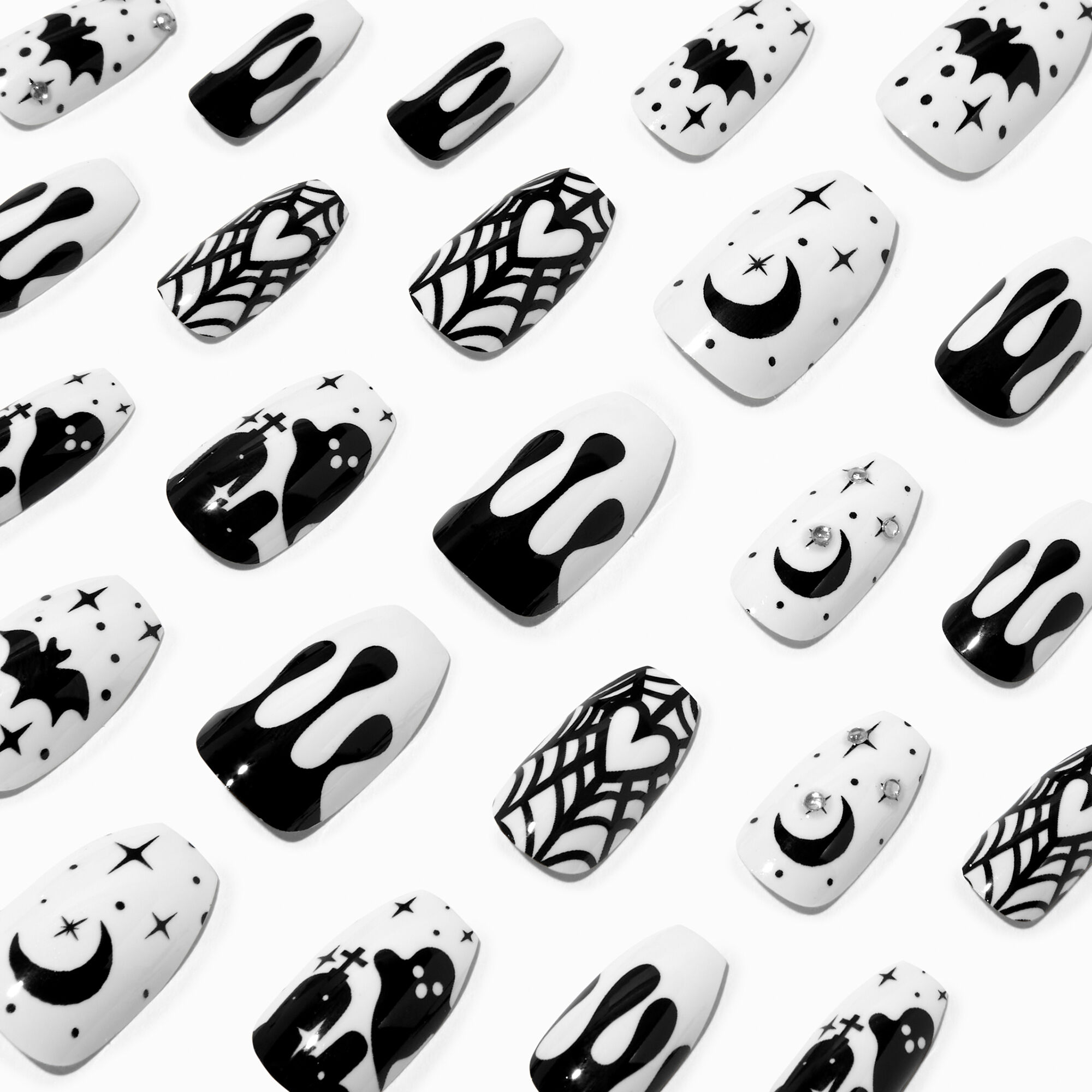 View Claires Halloween Black Icons Squareletto Press On Faux Nail Set 24 Pack White information