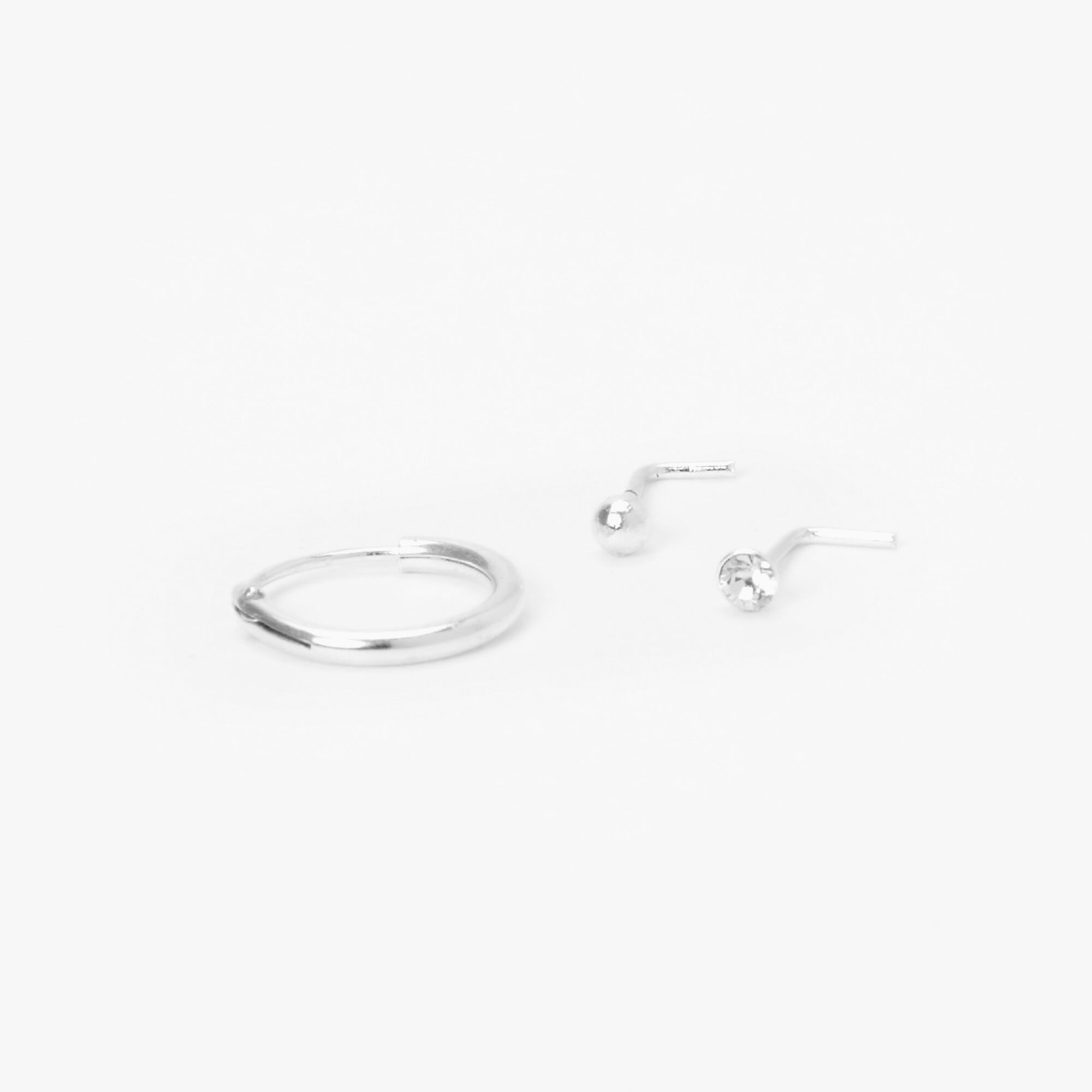 View Claires Tone 22G Nose Rings Studs Set 3 Pack Silver information
