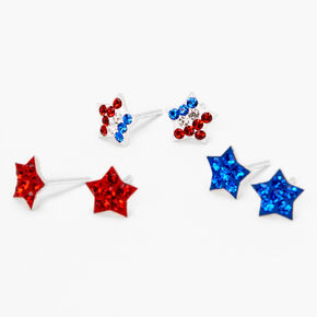 Sterling Silver Fourth of July Star Stud Earrings - 3 Pack,