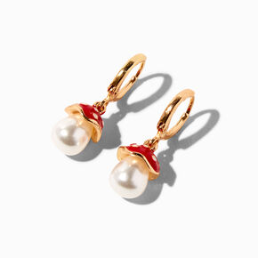 Gold 20MM Red Mushroom Pearl Huggie Hoop Earrings,