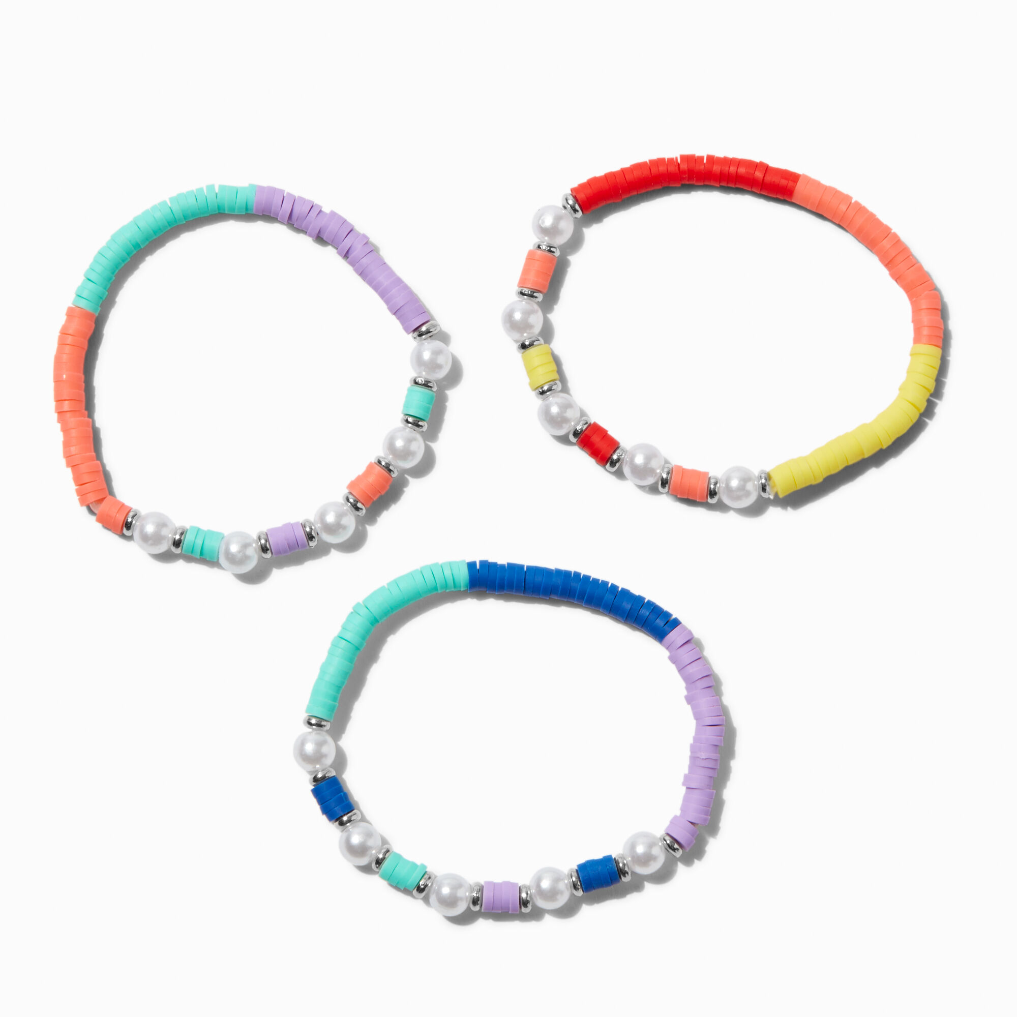 View Claires Club Pearl Disc Beaded Stretch Bracelets 3 Pack Rainbow information