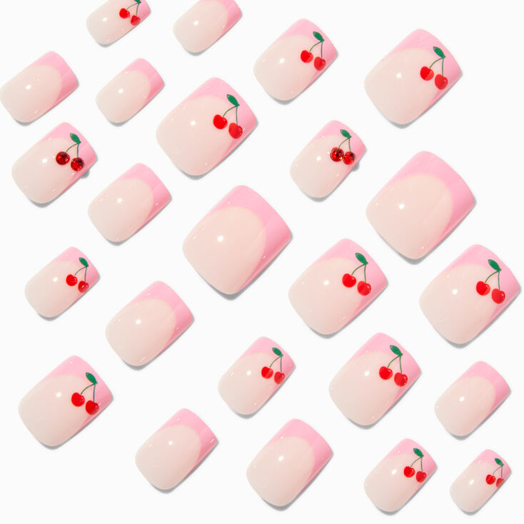 Pink French Tip Cherry Gem Square Vegan Faux Nail Set - 24 Pack,