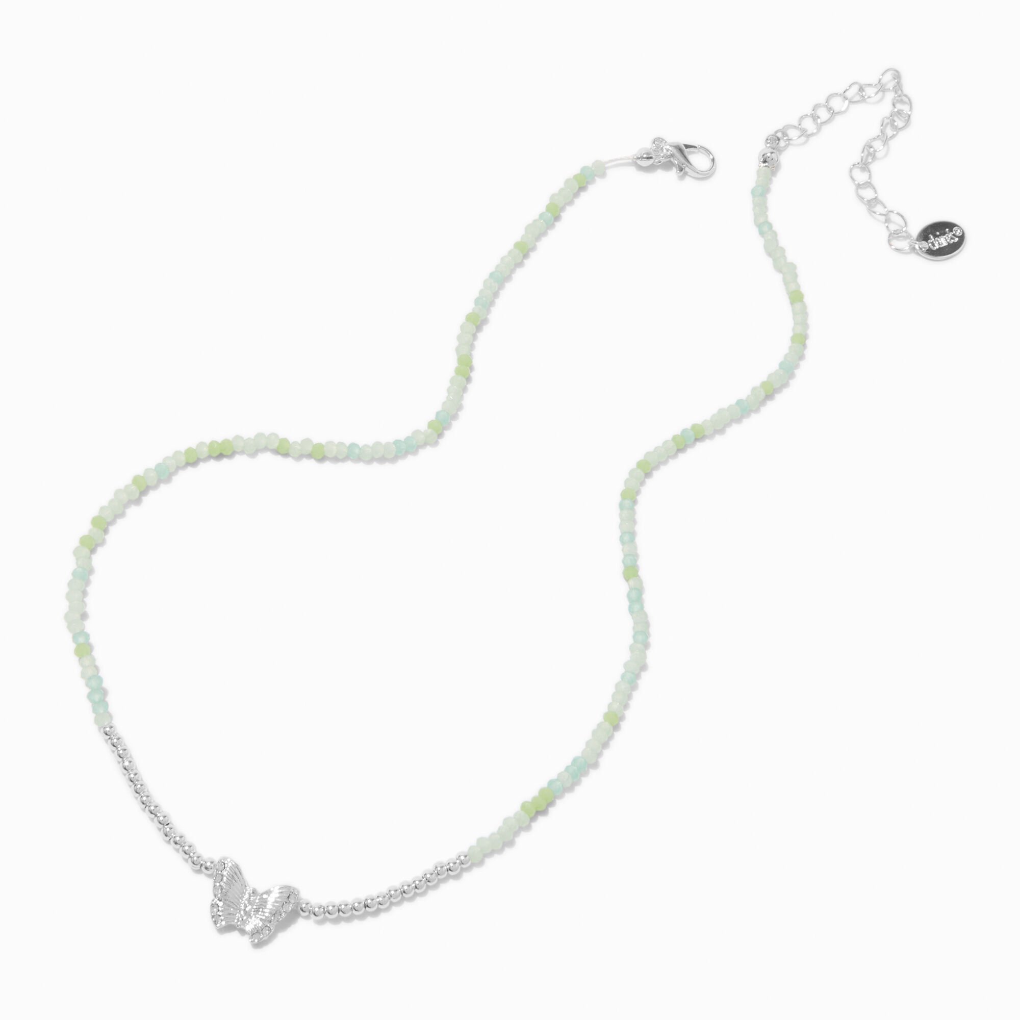 Silver-tone Butterfly Seed Bead Pendant Necklace,