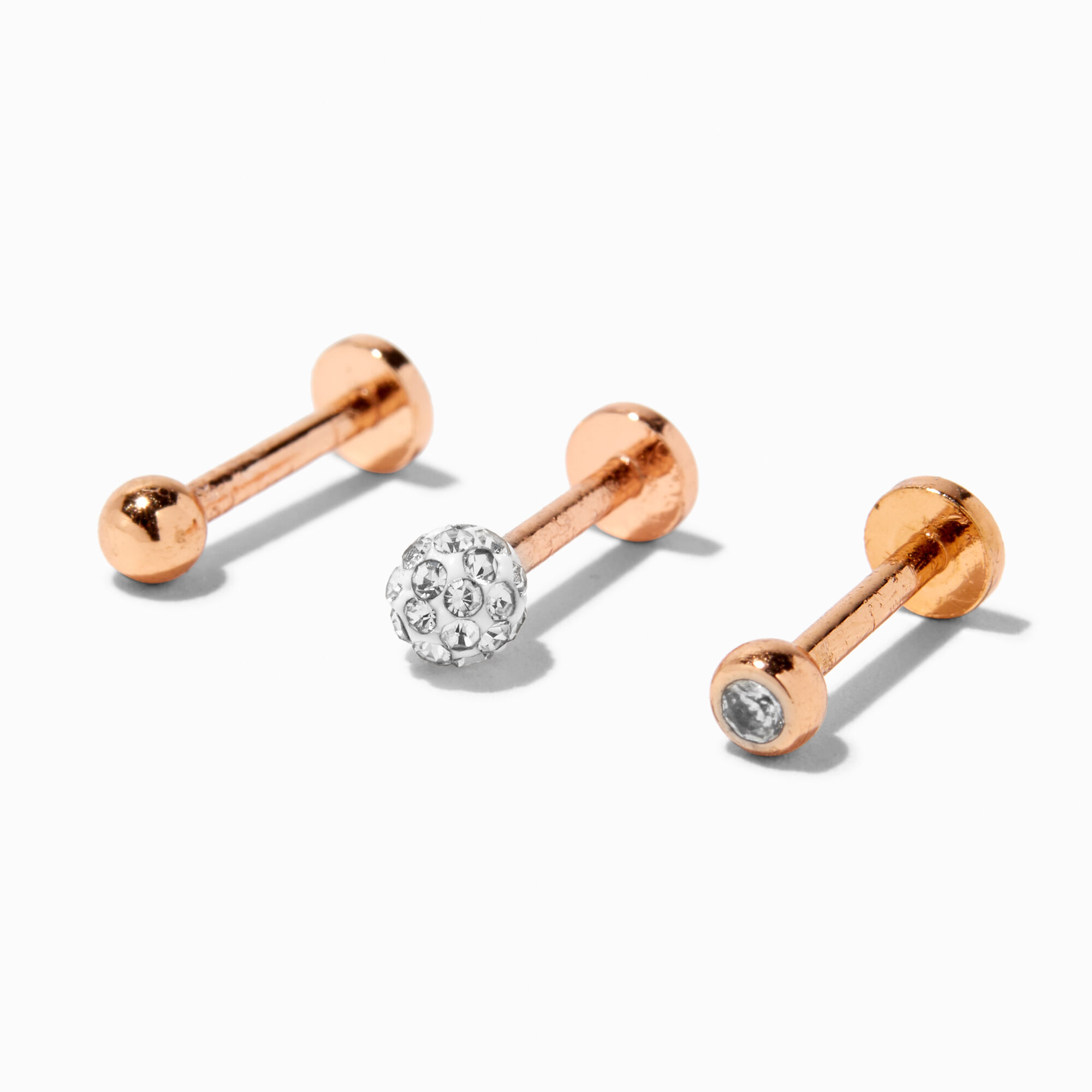 View Claires Tone 16G Crystal Labret Studs 3 Pack Gold information
