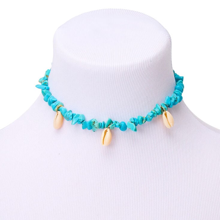Cowrie Shell &amp; Stone Choker Necklace - Turquoise,