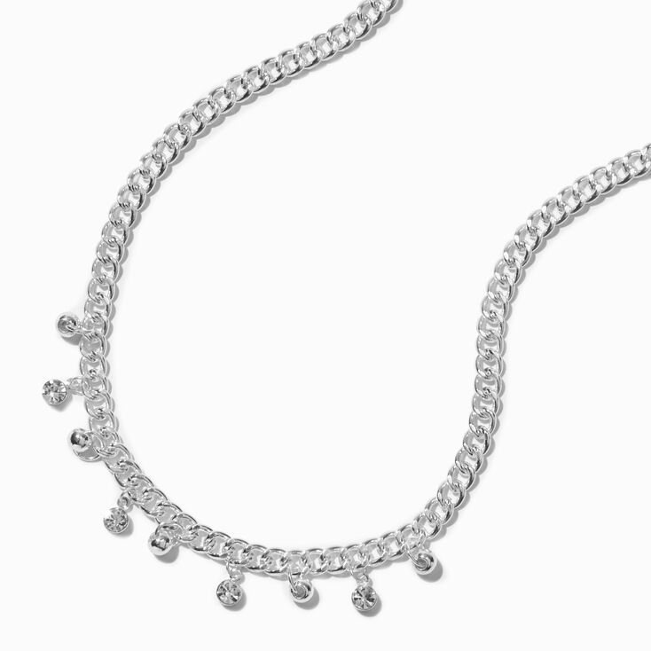 Silver-tone Bezel Crystal Drop Curb Chain Necklace ,